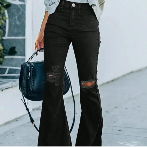 Denim - Black Preppy Womens Ripped Raw Hem Flare Leg Jeans